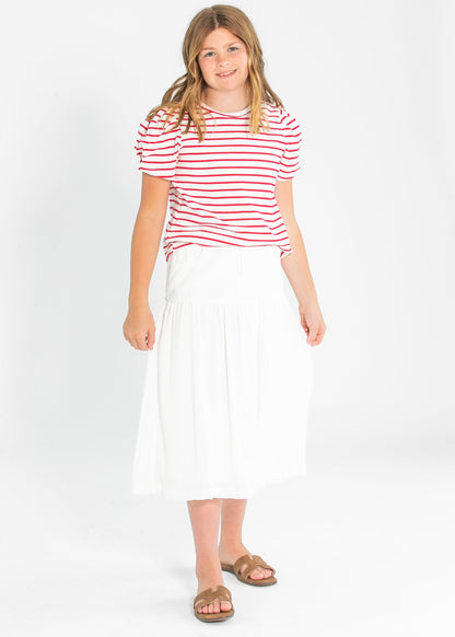 Girl's Pleated Puff Sleeve Stripe Knit T-Shirt