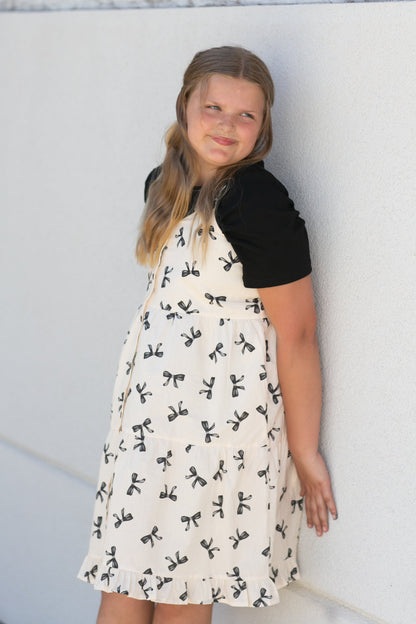 Girls Bow Print Button Detail Tiered Tank Dress - FINAL SALE