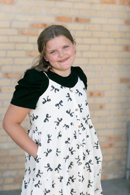 Girls Bow Print Button Detail Tiered Tank Dress - FINAL SALE