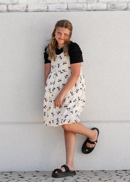 Girls Bow Print Button Detail Tiered Tank Dress - FINAL SALE
