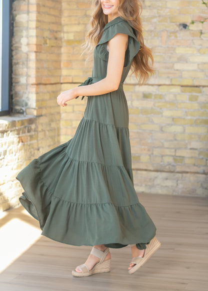 Goldie Green Short Sleeved Tiered Maxi Dress