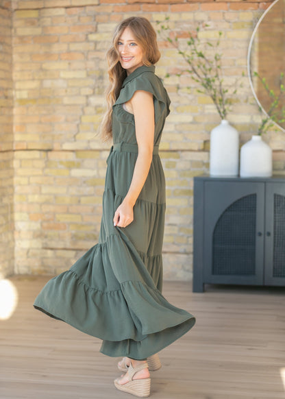 Goldie Green Short Sleeved Tiered Maxi Dress