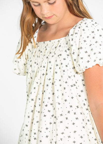 Girl's Ditsy Bow Print Box Pleated Puff Sleeve Dress