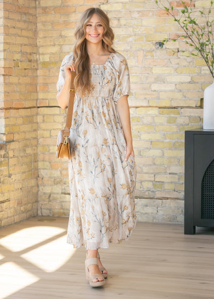Indy Ivory Floral Smocked Midi Dress
