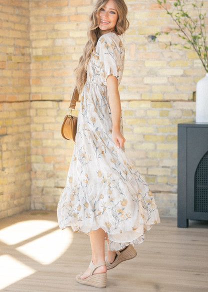 Indy Ivory Floral Smocked Midi Dress