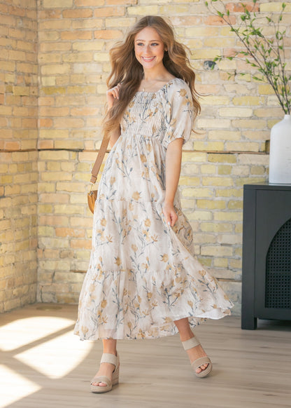 Indy Ivory Floral Smocked Midi Dress
