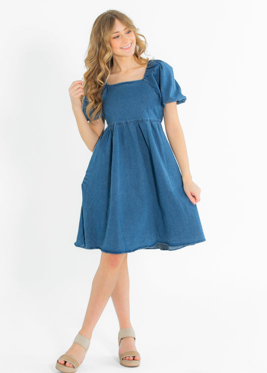 Jack Square Neck Puff Sleeve Denim Midi Dress - FINAL SALE
