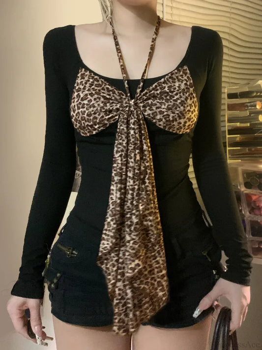 Leopard Bow Halter Knit Top