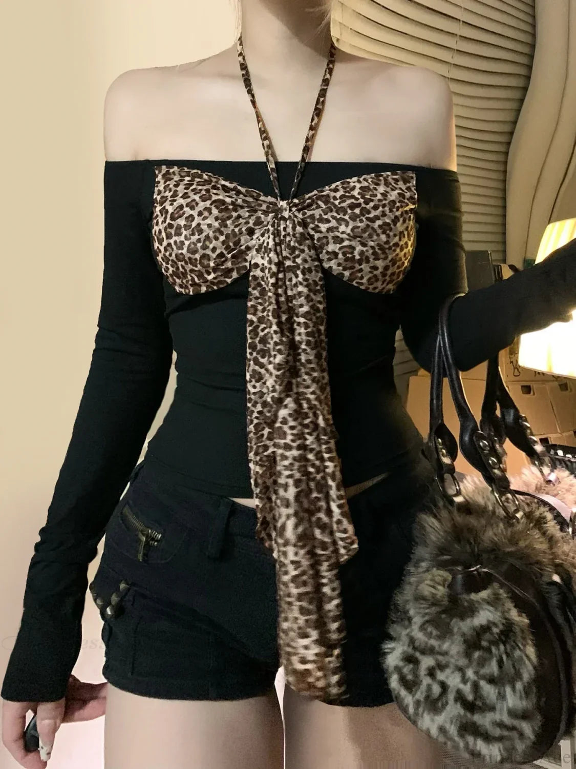 Leopard Bow Halter Knit Top