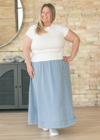Light Wash Denim A-Line Maxi Skirt
