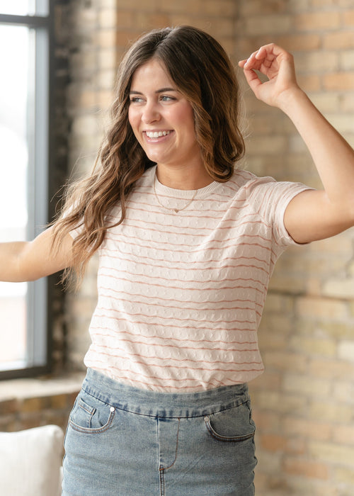LIVERPOOL® Pink Wave Rib Trim Short Sleeve Knit Tee