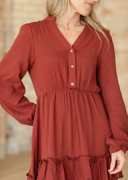 Long Sleeve Gauze Tiered Midi Dress - FINAL SALE
