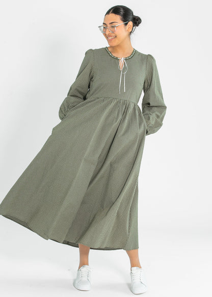 Long Sleeve Gingham Tie Detail Maxi Dress - FINAL SALE