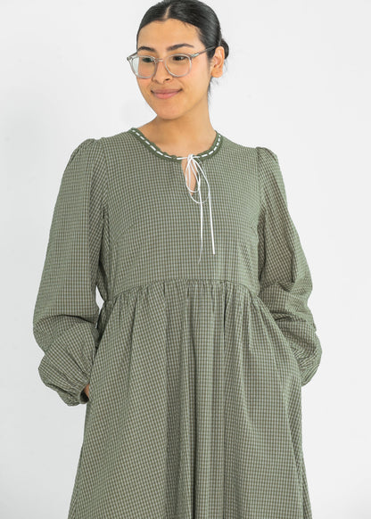 Long Sleeve Gingham Tie Detail Maxi Dress - FINAL SALE