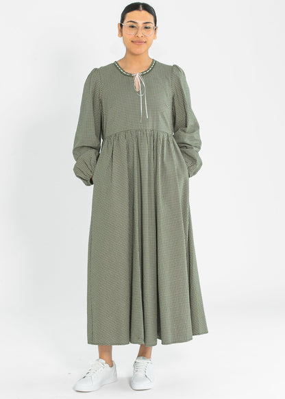 Long Sleeve Gingham Tie Detail Maxi Dress - FINAL SALE