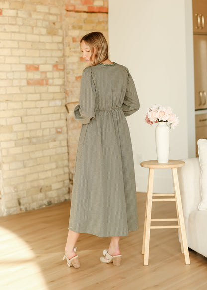 Long Sleeve Gingham Tie Detail Maxi Dress - FINAL SALE