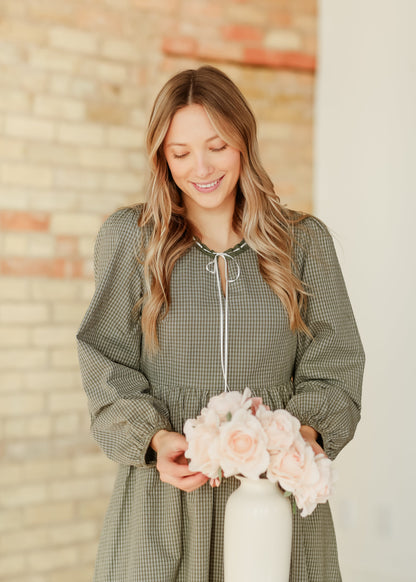 Long Sleeve Gingham Tie Detail Maxi Dress - FINAL SALE