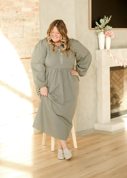 Long Sleeve Gingham Tie Detail Maxi Dress - FINAL SALE