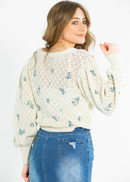 Long Sleeve Pointelle Embroidered Cardigan - FINAL SALE