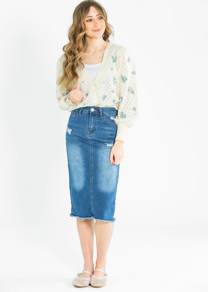Long Sleeve Pointelle Embroidered Cardigan - FINAL SALE