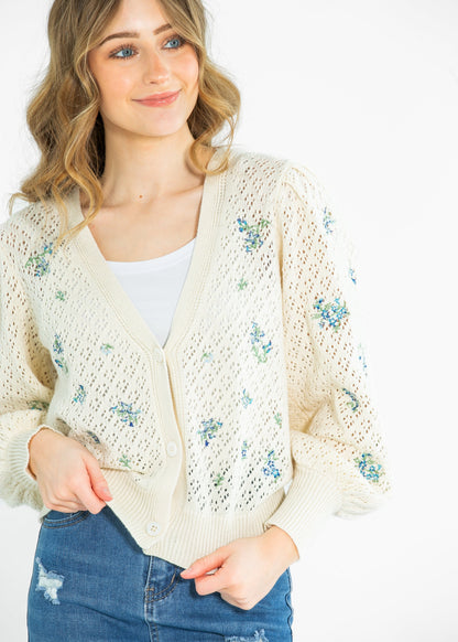 Long Sleeve Pointelle Embroidered Cardigan - FINAL SALE