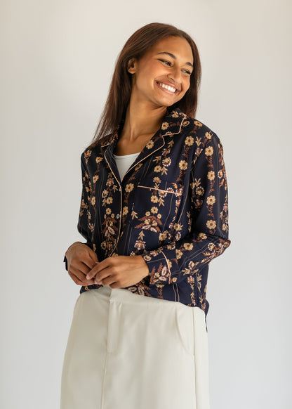 Long Sleeve Tapestry Print Button Up Top - FINAL SALE