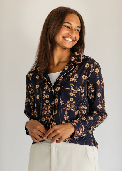 Long Sleeve Tapestry Print Button Up Top - FINAL SALE