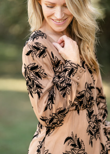 Long Sleeve Velvet Floral Print Midi Dress - FINAL SALE