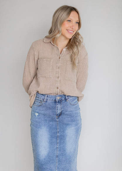 Maelia Distressed Light Wash Midi Skirt - FINAL SALE