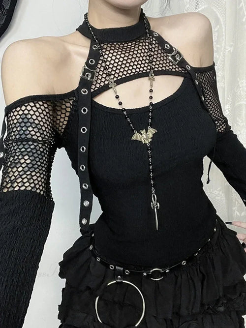 Mesh Hollow Sleeve Knit Top