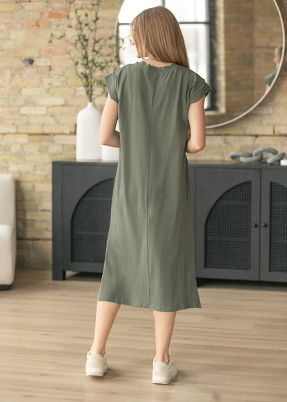 Olive Cap Sleeve T-shirt Midi Dress