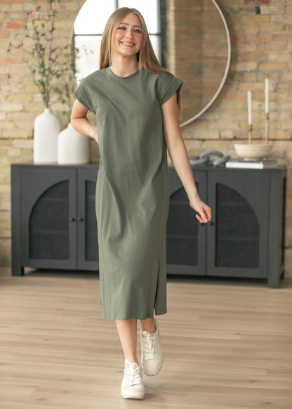 Olive Cap Sleeve T-shirt Midi Dress