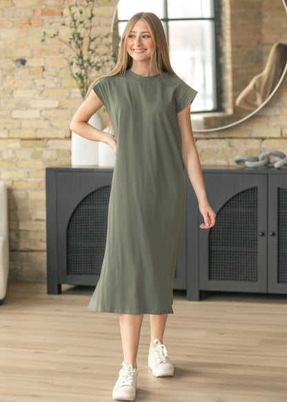Olive Cap Sleeve T-shirt Midi Dress