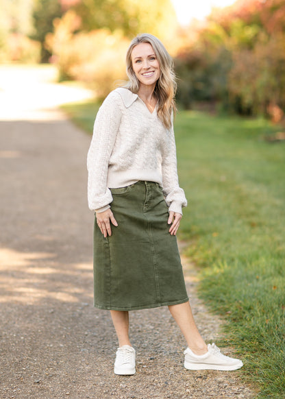 Olive Denim Midi Skirt - FINAL SALE