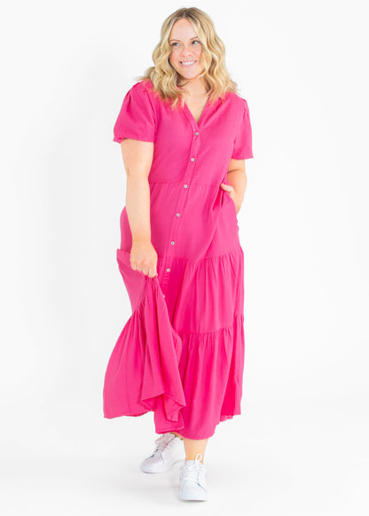 elan Pink Button Front Tiered Maxi Dress - FINAL SALE