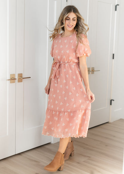 Puff Sleeve Tie Waist Embroidered Midi Dress