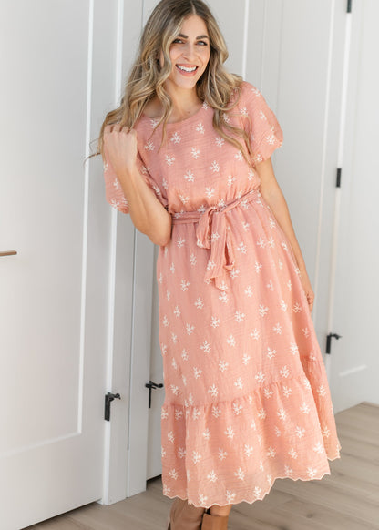 Puff Sleeve Tie Waist Embroidered Midi Dress