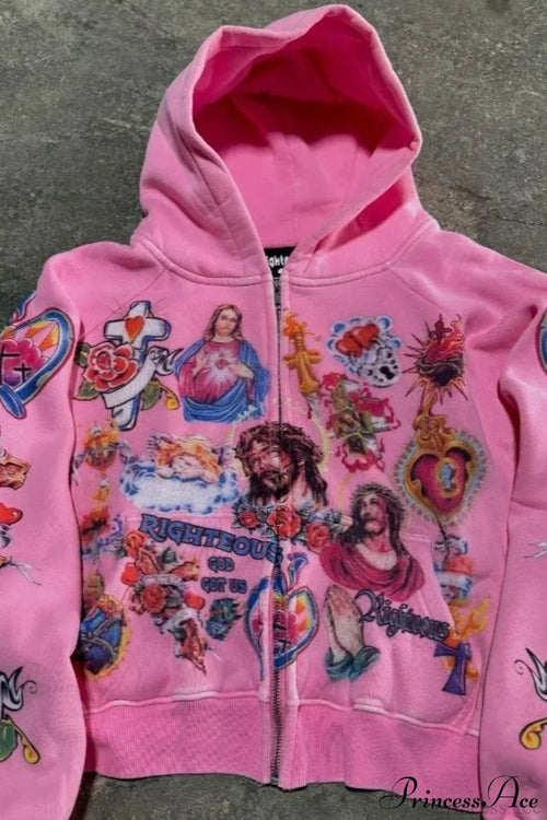 Retro Pattern Printed Loose Hoodie