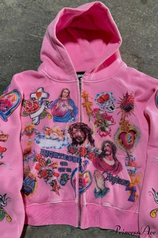 Retro Pattern Printed Loose Hoodie