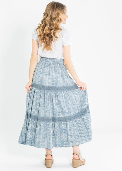 Ruched Waist Lace Trim Tiered Maxi Skirt - FINAL SALE