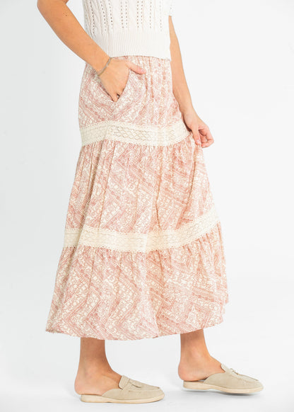 Ruched Waist Lace Trim Tiered Maxi Skirt - FINAL SALE