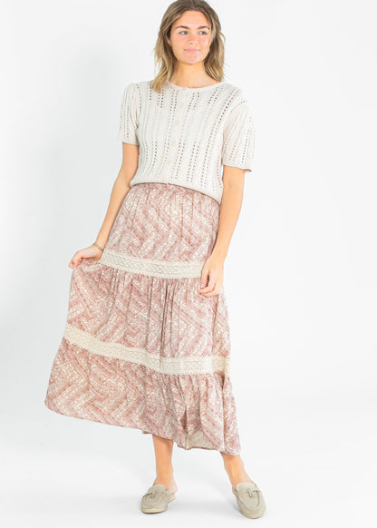 Ruched Waist Lace Trim Tiered Maxi Skirt - FINAL SALE