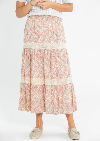 Ruched Waist Lace Trim Tiered Maxi Skirt - FINAL SALE