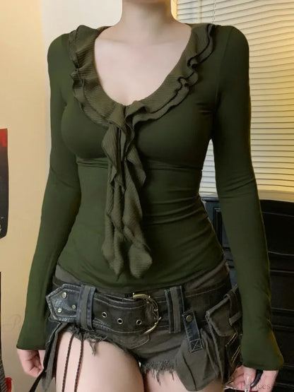 Ruffle V-neck Knit Top