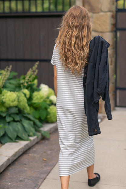 Short Sleeve Gray Striped Knit Dress