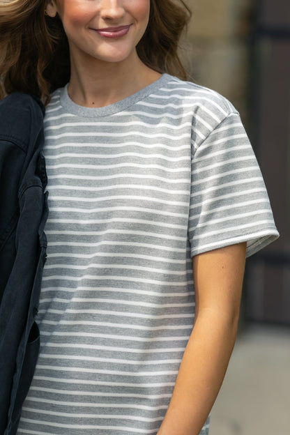 Short Sleeve Gray Striped Knit Dress