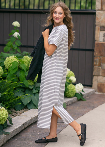 Short Sleeve Gray Striped Knit Dress