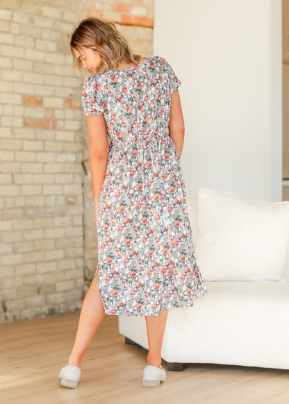Short Sleeve Tulip Print V-neck Midi Dress - FINAL SALE