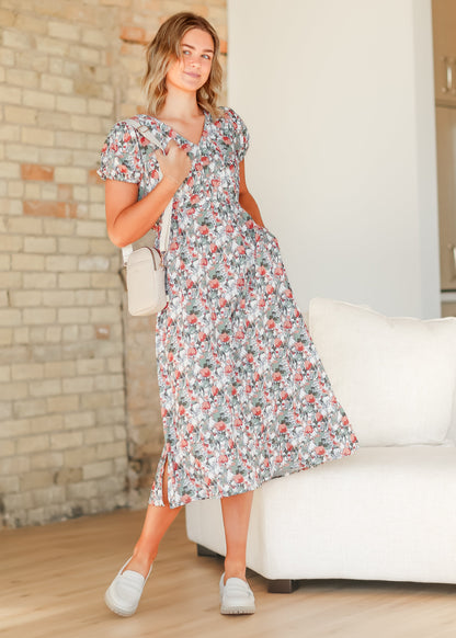 Short Sleeve Tulip Print V-neck Midi Dress - FINAL SALE