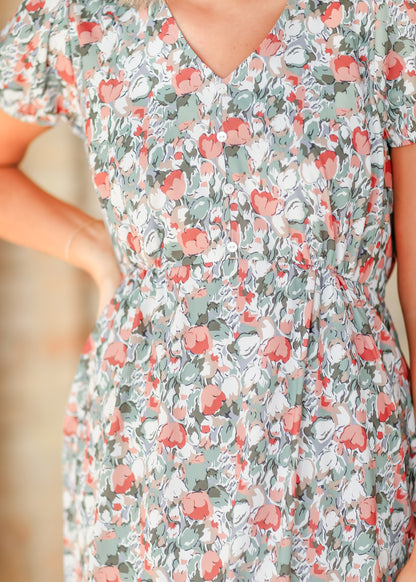 Short Sleeve Tulip Print V-neck Midi Dress - FINAL SALE
